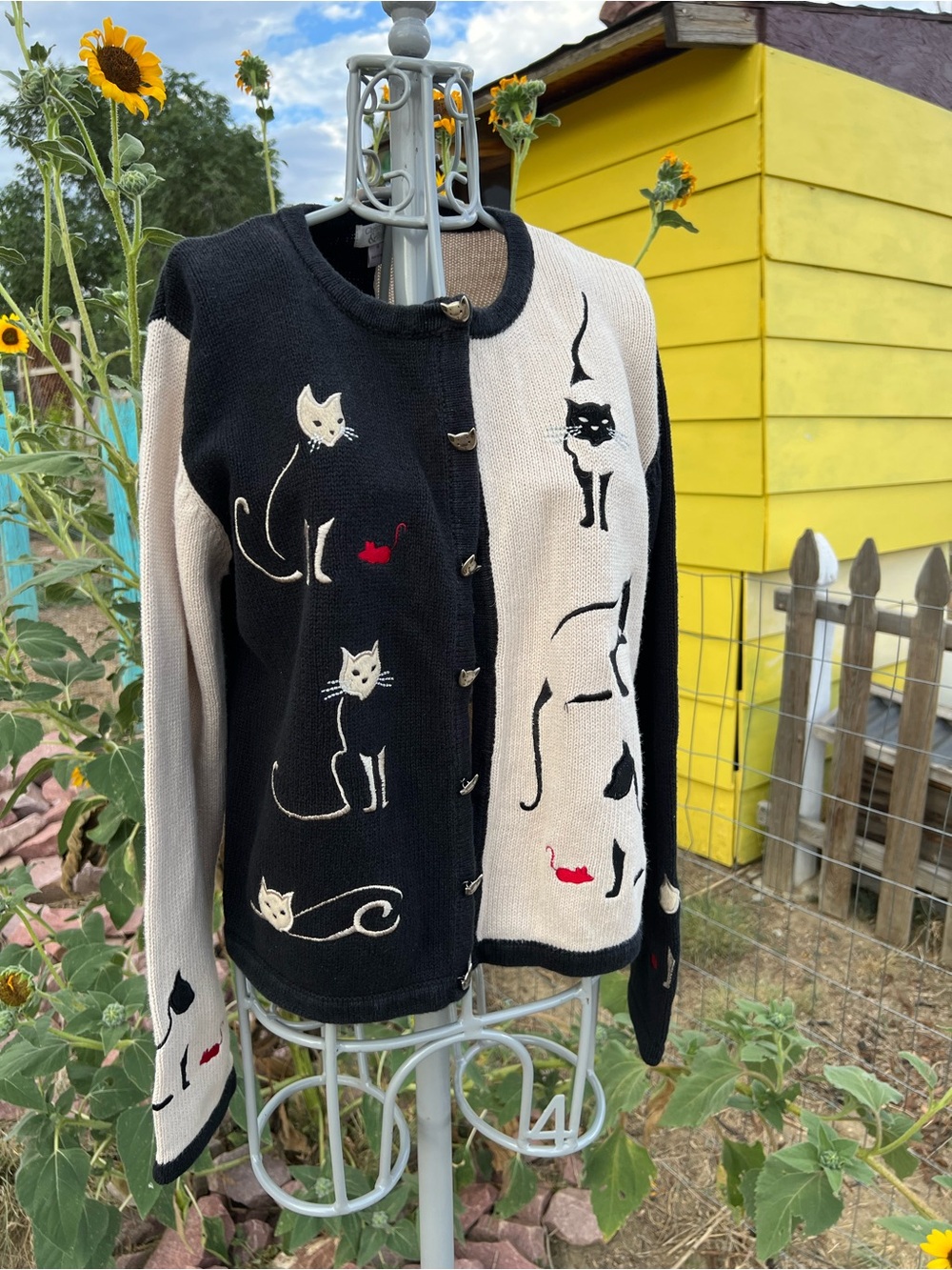 Kitty Black + Cream Christopher and Banks Button-Up Cardigan Cat Buttons